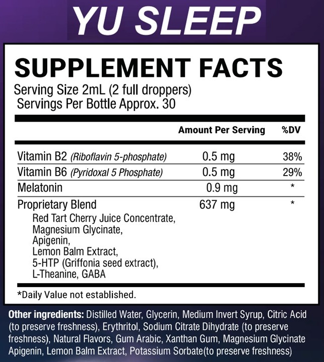Yu Sleep supplement facts label with full ingredient list